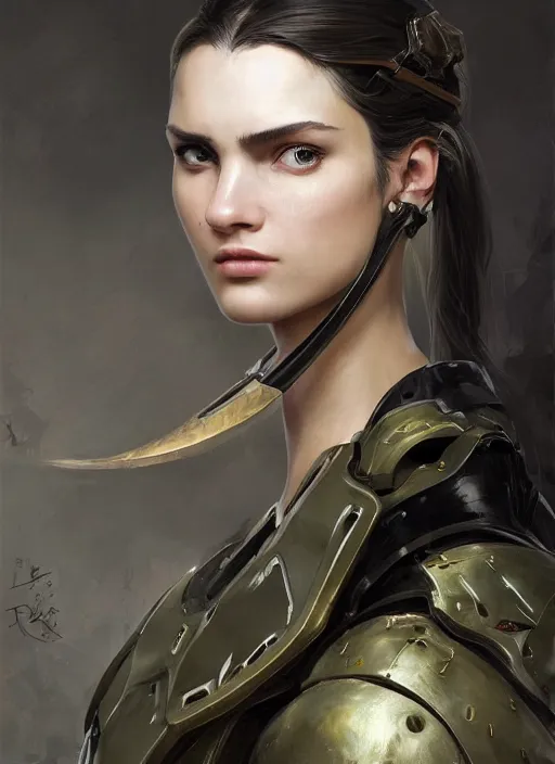 Image similar to a professional painting of a beautiful young female, clothed in military armor, olive skin, long dark hair, beautiful bone structure, symmetrical facial features, intricate, elegant, digital painting, concept art, smooth, sharp focus, illustration, from Metal Gear, by Ruan Jia and Mandy Jurgens and Artgerm and William-Adolphe Bouguerea