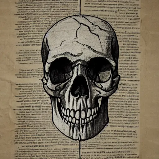 Image similar to drawing of a skull on old torn paper, dramatic lighting, ultra detail, creepy, book cover