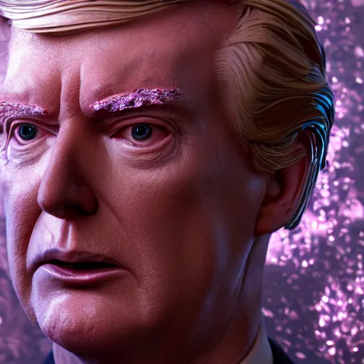 Image similar to donald trump full body detailed, ethereal, cyborg biomechanics, covered in blood diamonds and other gems glowing, highly detailed face, evil posed, evil expression, intricate, extremy detailed, beeple, cgsociety, 3 d unreal engine octane render. cinematic lighting, highly detailed 4 k art