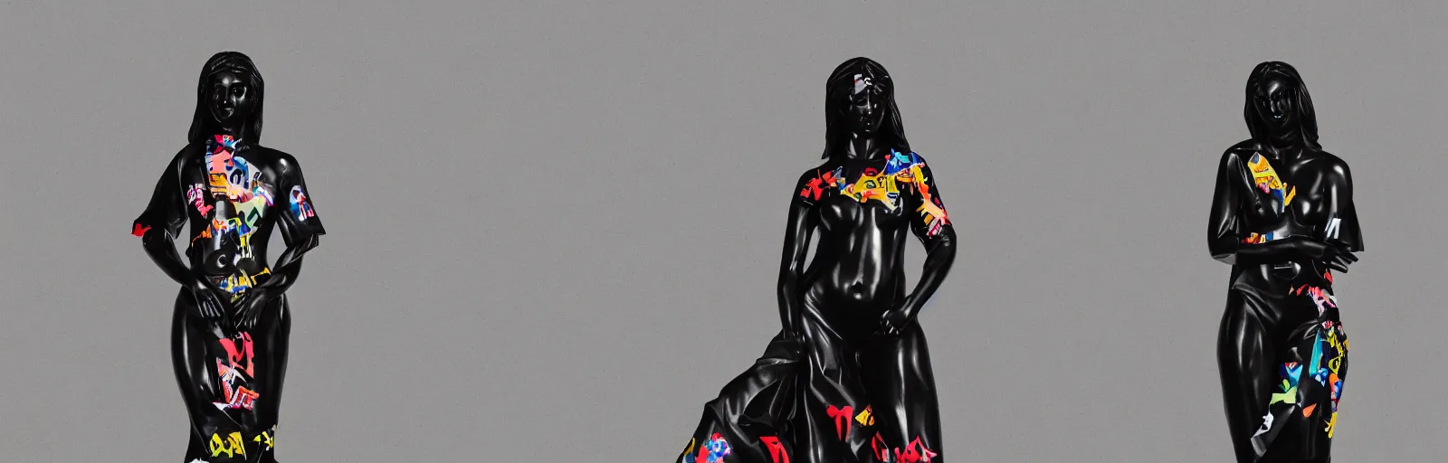 Image similar to black marble statue of a beautiful woman with colorful motocross logos in the style of virgil abloh, very very beautiful, detailed, off white, heron preston, 8 k, 4 k, detailed, beautiful, symmetrical, vogue, editorial, fashion, magazine, museum lighting, museum, gallery