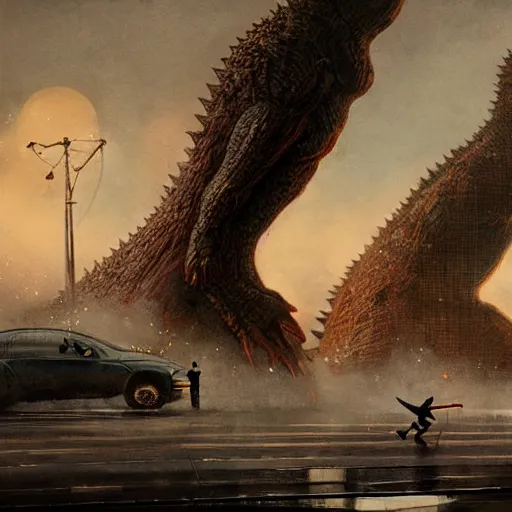 Prompt: people running towards the camera, running from godzilla, chillwave, electronic billboards, tech noir, wet reflections, atmospheric, ambient, livia prima, greg rutkowski, edward hopper, pj crook