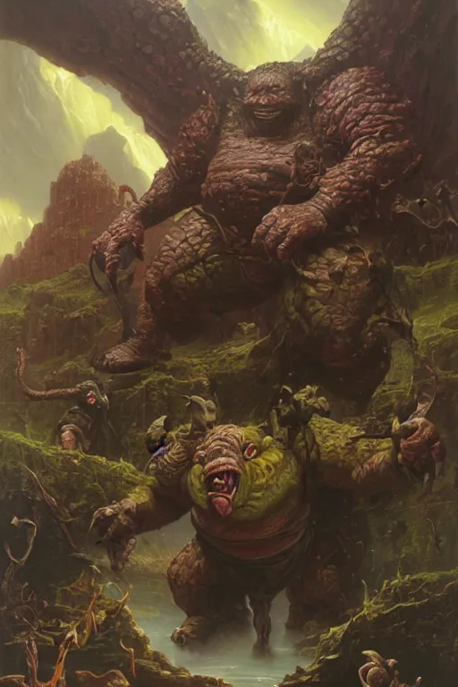 Image similar to a dungeons and dragons ogre, realistic oil painting by thomas cole and wayne barlowe