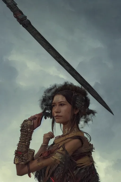 Image similar to a fancy portrait of a tribal women a sci-fi sword by Greg Rutkowski, Sung Choi, Mitchell Mohrhauser, Maciej Kuciara, Johnson Ting, Maxim Verehin, Peter Konig, final fantasy , mythical, 8k photorealistic, cinematic lighting, HD, high details, atmospheric,