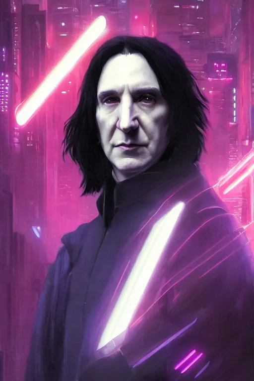 Image similar to portrait of severus snape with holograms in cyberpunk, neon lighting, night city, digital art from artstation by Ruan Jia and Mandy Jurgens and Artgerm and william-adolphe bouguereau and Greg Rutkowski