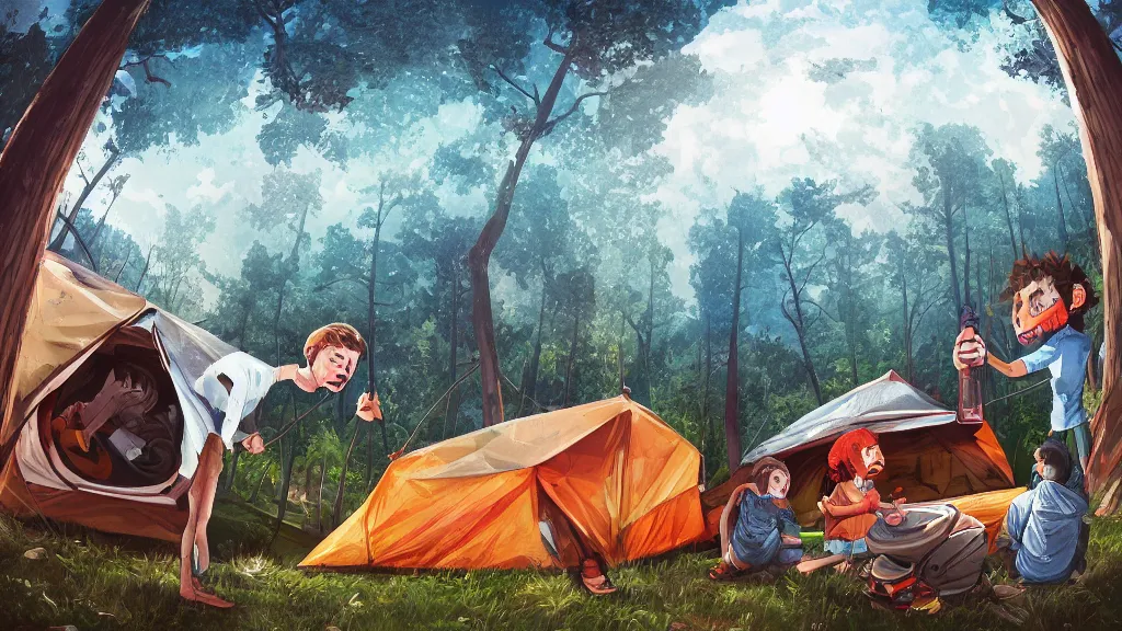 Image similar to an illustration of a drunk teenage kid on a camping, covered in vomit, parents standing outside angry, fisheye lens, high contrast, highly detailed, sharp focus, digital painting, 3 d art, illustration, trending on artstation,