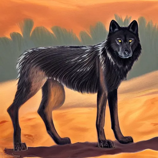 Image similar to black wolf in an australian desert, painting