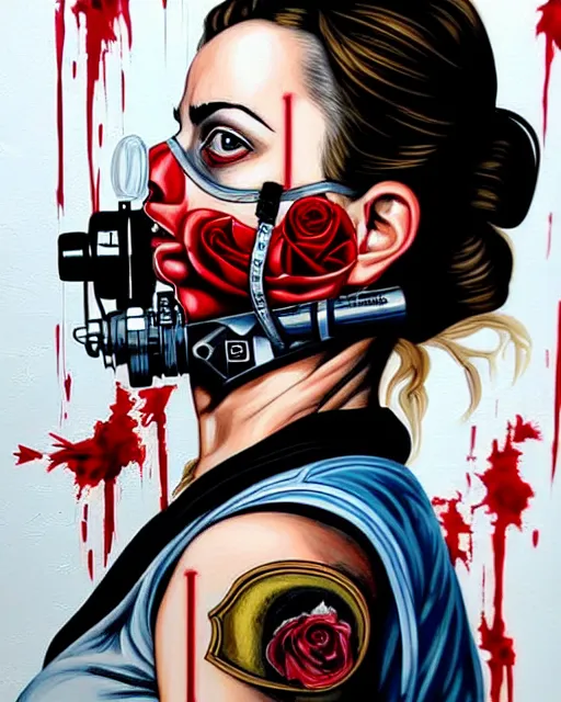 Image similar to portrait of a spy wearing oxygen mask, has blood, rose, a pistol and a syringe needle with sea background intricate details with horror side profile by Sandra Chevrier