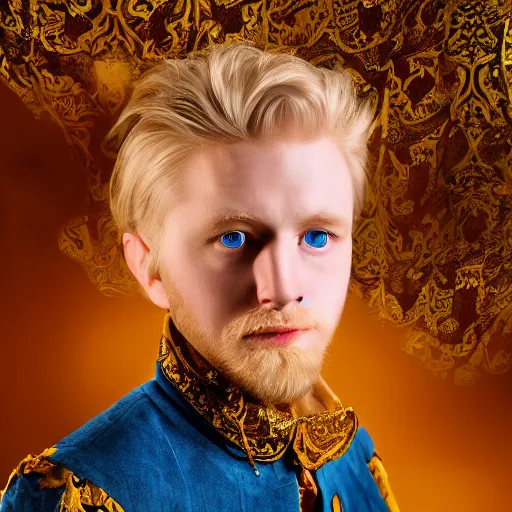 Image similar to a professional studio low - key lighting high contrast photography portrait of a young blonde blue eye man in an ornate vintage coat golden leafs, taking off horror mask, highly detailed mid shot dutch angle, volumetric lighting one source, gloaming eye whites portrait, poster, 4 k, award winning, canon, photo of the year, dalle 2 reference