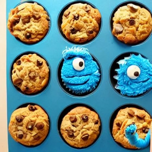 Prompt: cookiemonster made of muffins