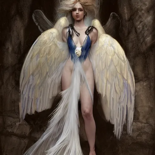 Image similar to hyperrealistic portrait of an angel woman descending onto a stone room in darkness with the damned screaming in despair, white swan dress long feathers and sapphire jewellery by jeremy mann and alphonse mucha, high shadow contrast, daydreaming hell, fantasy art, photo realistic, dynamic lighting, artstation, poster, volumetric lighting, very detailed faces, 4 k, award winning