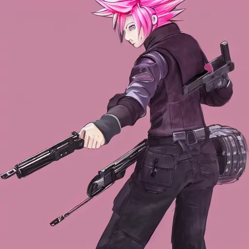 Prompt: a pink haired boy with a massive elaborate gun blaster. character design. gesture drawing. line of action. official art, concept art. tetsuya nomura. final fantasy. makoto shinkai ray tracing hdr. 8 k. uhd. sharp focus. wideshot. highly detailed. masterpiece. cinematic lighting..