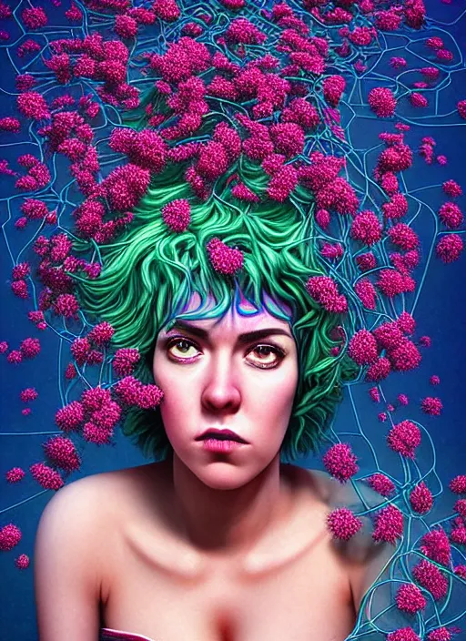 Image similar to hyper detailed 3d render like a Oil painting - Ramona Flowers with wavy black hair wearing thick mascara seen out Eating of the Strangling Suffocating network of colorful yellowcake and aerochrome and milky and Her staring intensely delicate Hands hold of gossamer polyp blossoms bring iridescent fungal flowers whose spores black the foolish stars by Jacek Yerka, Mariusz Lewandowski, silly playful fun face, Houdini algorithmic generative render, Abstract brush strokes, Masterpiece, Edward Hopper and James Gilleard, Zdzislaw Beksinski, Mark Ryden, Wolfgang Lettl, Dan Hiller, hints of Yayoi Kasuma, octane render, 8k