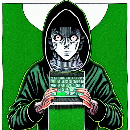 Prompt: portrait of programmer with green hood by junji ito