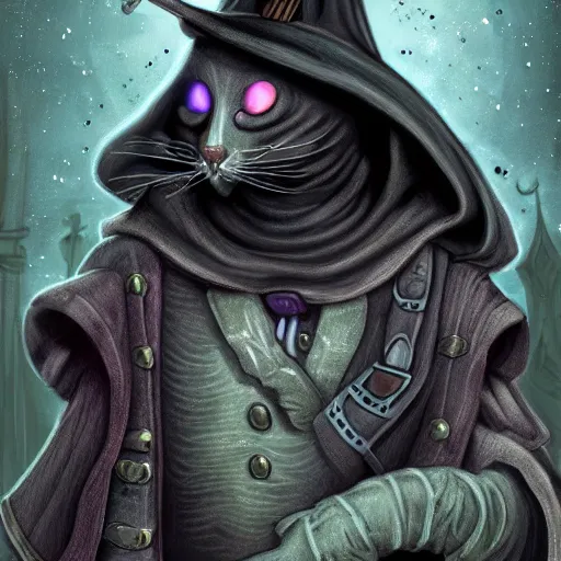 Prompt: a plague doctor cat with techo armor with rgb led lights in a graveyard, digital painting, awesome, highly detailed, spooky, gothic, scifi, horror