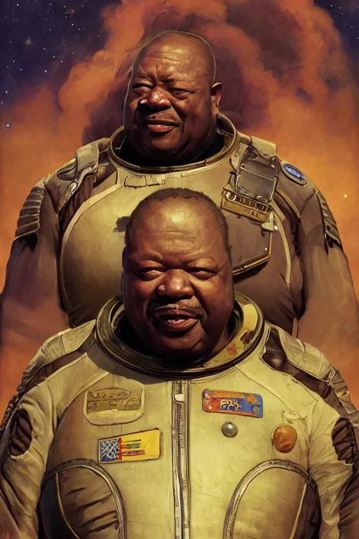 Image similar to upper body portrait of fat lennie james as baron harkonnen wearing leather spacesuit, detailed, sunshine, nebula space background, illustration by norman rockwell, artstation character art, john william waterhouse, concept art, greg rutkowski