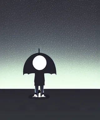 Image similar to little boy standing, holding umbrella, at night, full moon, cute anime style, black and white artwork, minimalist background