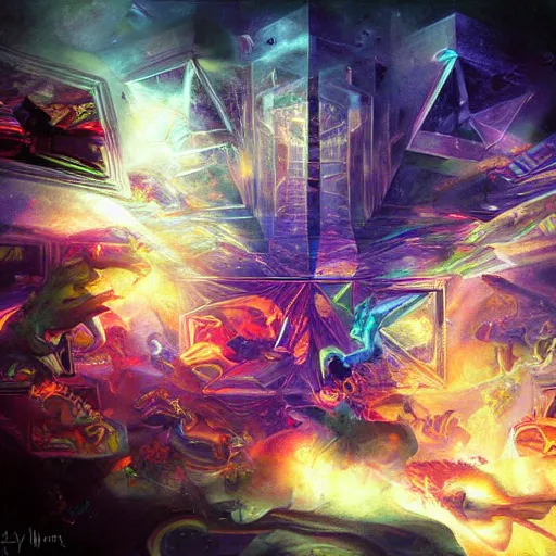Prompt: dmt trip to another dimension with geometrical entities by raymond swanland, highly detailed, bright tones