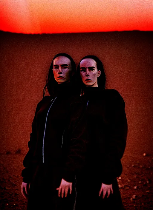 Image similar to cinestill 5 0 d photographic portrait of two loving female androids wearing rugged black techwear on a desolate plain with a red sky, extreme closeup, cyberpunk style, in front of a brutalist dark metal facility, dust storm, 8 k, hd, high resolution, 3 5 mm, f / 3 2, ultra realistic faces, ex machina