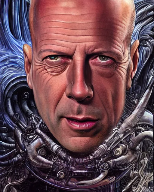 Image similar to bruce willis, by antonio j. manzanedo, giger, alex grey, android jones, wayne barlowe, philippe druillet, raymond swanland, cyril rolando, josephine wall, harumi hironaka, trending on artstation