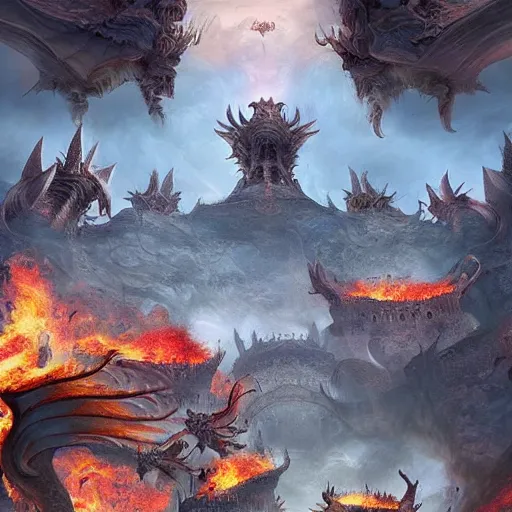 Image similar to huge temple in hell with dragons in the sky behind it circling like vultures, surreal, sharp focus, digital art, epic composition, concept art, dynamic lighting, intricate, highly detailed