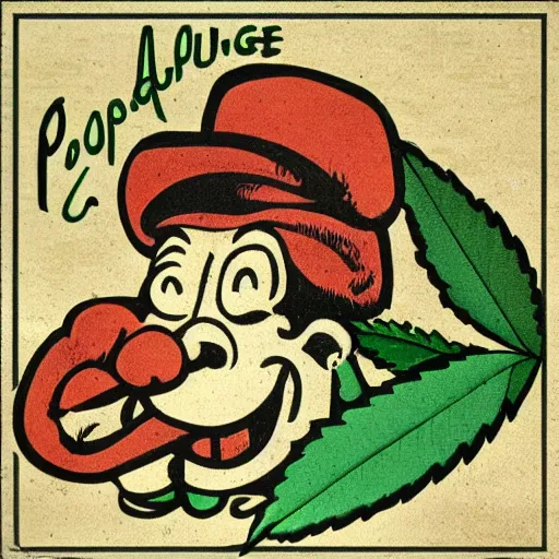 Image similar to dream logo for cannabis company, Popeye smoking cannabis, old, dates, worn, faded