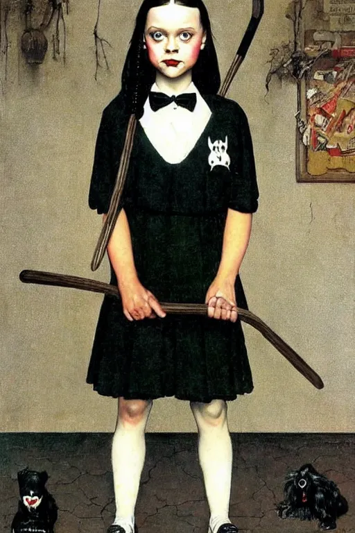 Image similar to wednesday addams from the addams family painted by norman rockwell