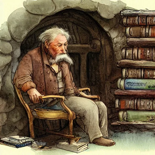 Image similar to a muted color watercolor sketch of a old man sitting in big chair next of a fireplace in his hobbit house living room surrounded by stacks of books from story book character ifrom the book Baltimore & Redingote by Jean-Baptiste Monge of an old man in the style of by Jean-Baptiste Monge that looks like its by Jean-Baptiste Monge and refencing Jean-Baptiste Monge