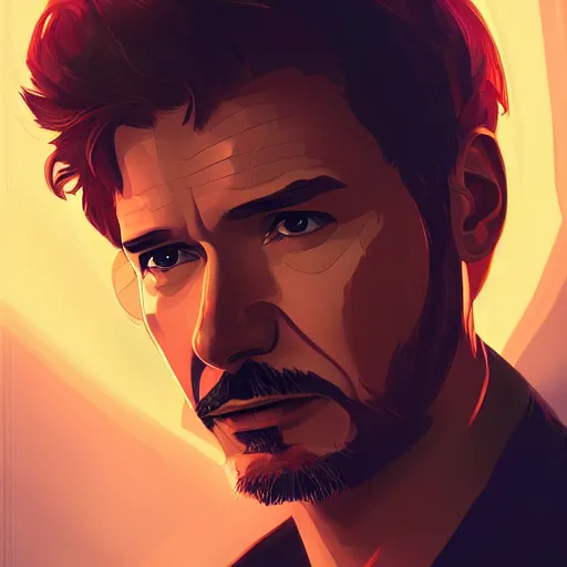 Image similar to Harrison Ford as Tony Stark, ambient lighting, 4k, alphonse mucha, lois van baarle, ilya kuvshinov, rossdraws, artstation