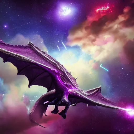 Prompt: a purple star galaxy dragons flying through nebulous space with their wings spread, trending on artstation, digital art, 4k, hyper realism, high detail, cinematic, cinematic lighting, high detail, realistic, fantasy