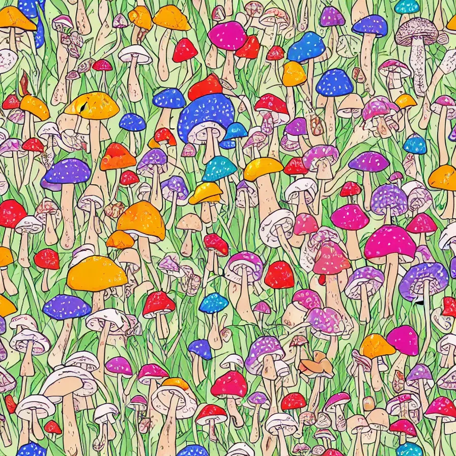 Image similar to plethora of mushroom characters and mycelium, vivid natural color hues and natural surroundings, colorful painted patterns and motifs on mushrooms, seamless fabric pattern 8K, highly detailed.