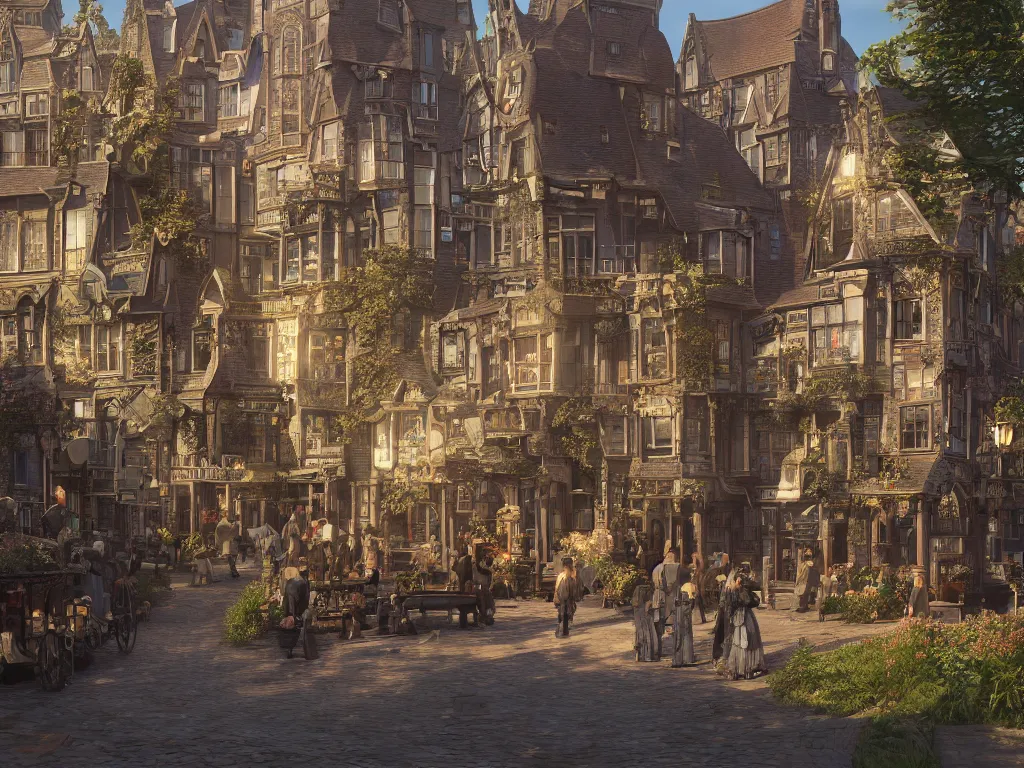 Image similar to a magical town on a slow day, inspired by victorian england and amsterdam, sunny weather, highly detailed, intricate, digital painting, trending on artstation, concept art, matte painting, art by greg rutkwowski, craig mullins, octane render, 8 k, unreal engine