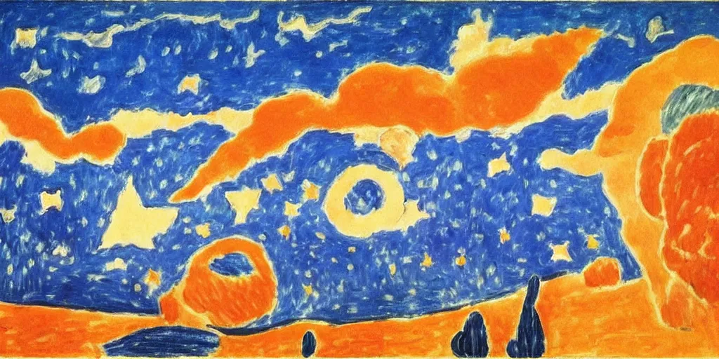 Prompt: desert with sky with stars by henri matisse, cinematic, highly detailed wide, atmospheric lighting