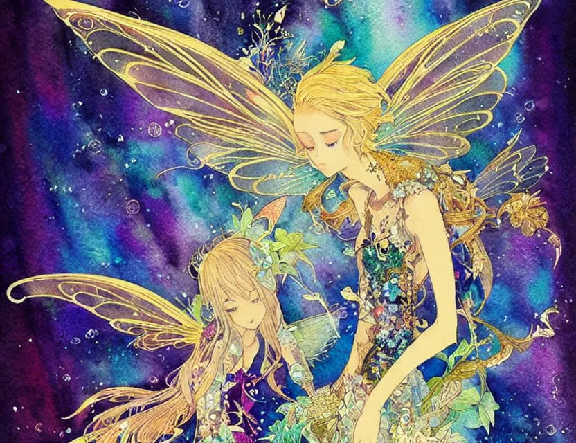 Prompt: faerie bird in a crystal cave. this watercolor and gold leaf work by the award - winning mangaka has a beautiful composition and intricate details.