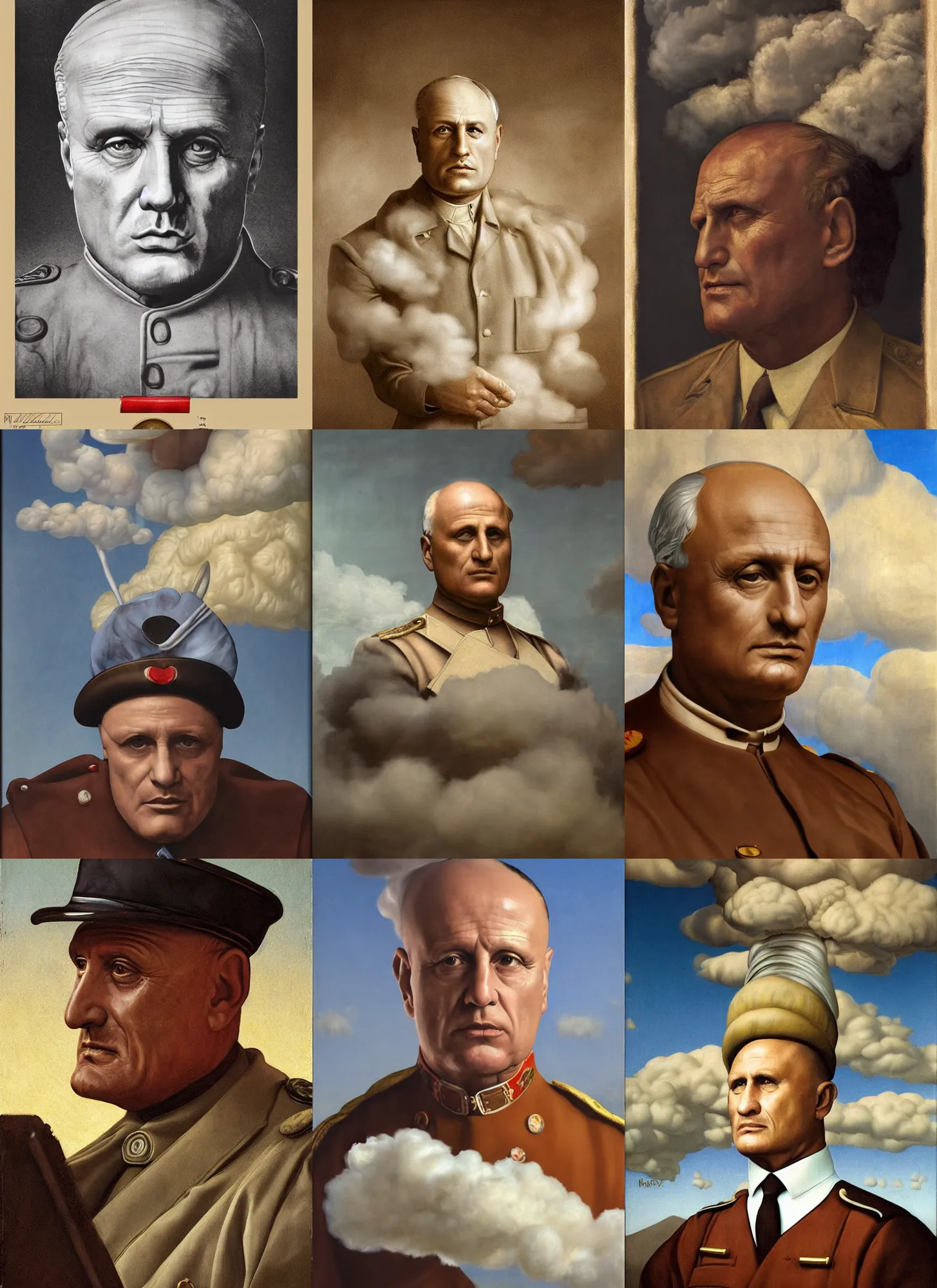 Prompt: mussolini makes butter, in clouds, portrait by greg hildebrandt, studio lighting, muted colors, by terry richardson, by leonardo davinci, extreme detail, reflections, trending on artstation, 8 k