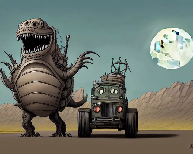 Image similar to a cell shaded cartoon giant grey lovecraftian mechanized t - rex from howl's moving castle ( 2 0 0 4 ), with a big head, on a desert road, wide shot, in front of a big moon, muted colors, post grunge, josan gonzales, wlop, by james jean, victor ngai, hq, deviantart, art by artgem