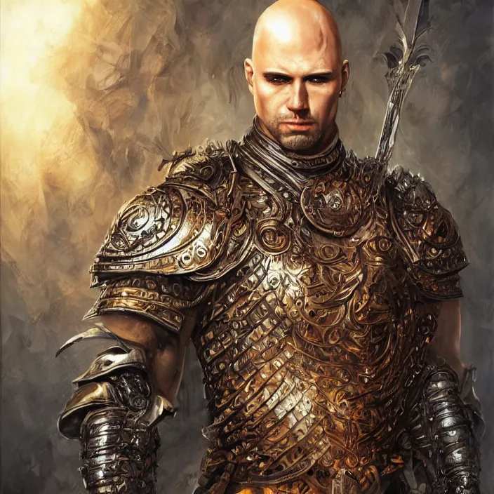 Image similar to a highly detailed symmetrical full body painting of a bald male warrior in leather armour with piercing eyes in dark tomb setting, dynamic lighting, ambient lighting, deviantart, art by artgerm and karol bak and mark brooks