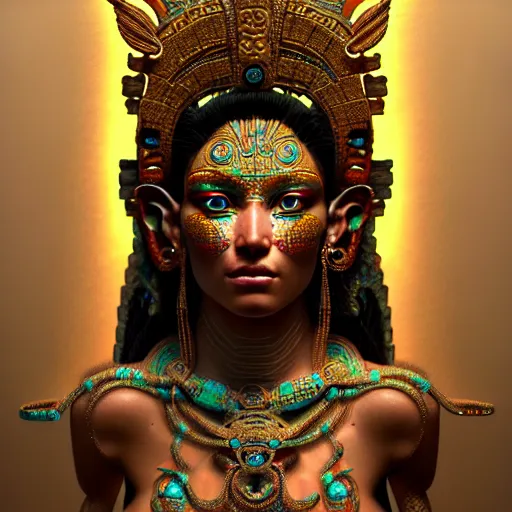 Prompt: mayan goddess , very detailed face, detailed features, fantasy, circuitry, explosion, dramatic, intricate, elegant, highly detailed, digital painting, artstation, concept art, smooth, sharp focus, illustration, art by Gustave Dore, octane render