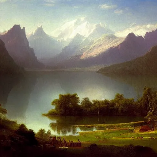 Prompt: epic landscape with mountains an lake, in the style of Albert Bierstadt