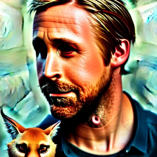 Image similar to Fullbody potrait of Ryan Gosling holding cute caracal, hyper realistic, prismatic highlights, atmosphere, gorgeous, depth of field, cinematic, macro, concept art, 50mm, artstation, wlop, elegant, epic, weta digital, focus, octane render, v-ray, 8k, kodak portra, art by Liberatore