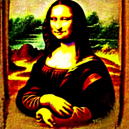 Prompt: failed restoration of mona lisa, modernized features, partly ruined painting smudges