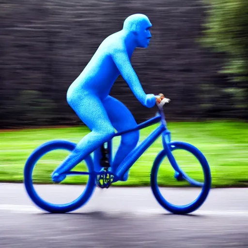 Prompt: a blue man riding a bike