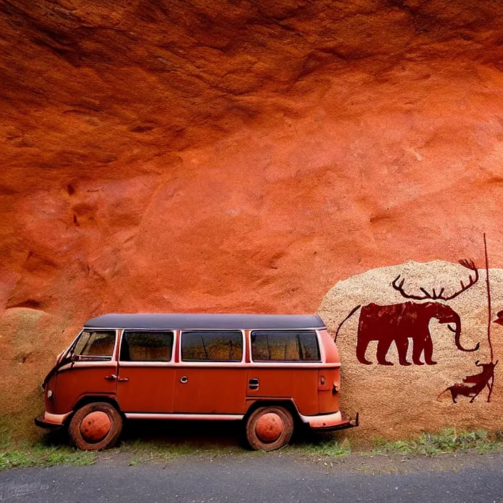 Prompt: red ocher painted on the wall image of ancient vw bus, mammoths and hunters, ancient prehistoric rock art in a cave style