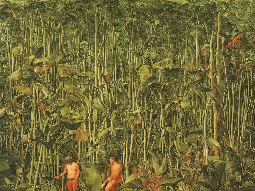 Image similar to Man lost in the Amazonian jungle among the carnivorous plants, panthers and giant leaves. Painting by Giotto