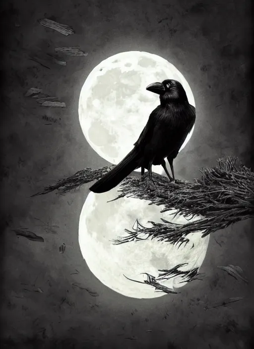 Image similar to portrait, A crow in front of the full big moon, book cover, red white and black colors, establishing shot, extremly high detail, foto realistic, cinematic lighting, pen and ink, intricate line drawings, by Yoshitaka Amano, Ruan Jia, Kentaro Miura, Artgerm, post processed, concept art, artstation, matte painting, style by eddie mendoza, raphael lacoste, alex ross