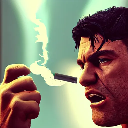 Image similar to Incredible Hulk smoking weed, gta artstyle, macro, wide shot, dramatic lighting, octane render, hyperrealistic, HD