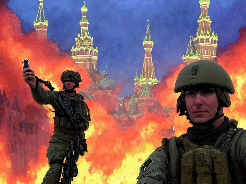 Image similar to special forces nato soldier with yellow shoulder patch takes selfie at red square kremlin burning in the background, d & d, fantasy, bright atmosphere, volumetric lights, intricate, elegant, extremely detailed, digital painting, artstation, concept art, matte, smooth, sharp focus, hyper realistic, illustration, art by artgerm and greg rutkowski and alphonse mucha