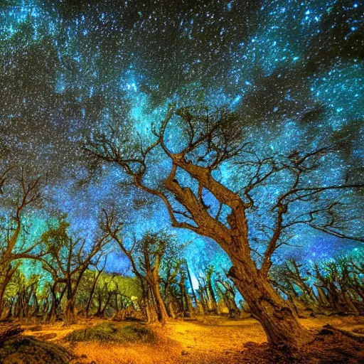 Image similar to the ruins of a village made out of stone in a forest of blue trees at night, a night sky filled with stars