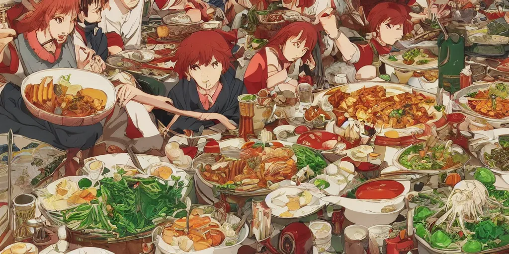 Image similar to A feast for a king, very detailed, anime, Delicious, Plump, Juicy, Hot Food, large white border, hd, high resolution print :1 Red, Gold and Green by Sachin Teng, Hayao Miyazaki, Nausicaa, studio Ghibli style, Anime wallpaper, cell shading, trending on deviant art :1