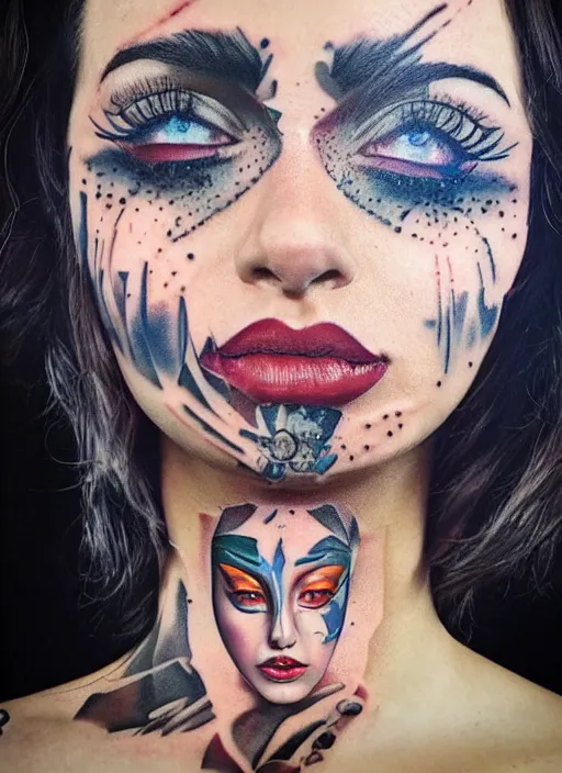 Image similar to beautiful enlightened instagram selfie influencer woman with tattoos, tattooed skin, oil painting, robe, symmetrical face, greek dark ritual myth, by sandra chevrier, masterpiece