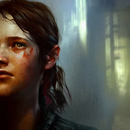 Prompt: ellie last of us 2, hyperrealistic full figure, bladerunner street alley, art of elysium by frank frazetta and by jeremy mann and by alphonse mucha, fantasy art, photo realistic, dynamic lighting, artstation, full figure poster, volumetric lighting, very detailed face, 4 k, award winning